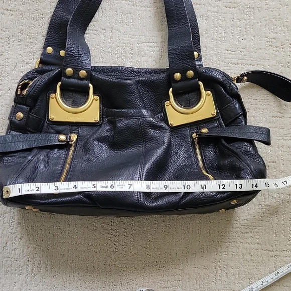 B. Makowsky Black Leather Shoulder Bag Satchel East West Gold Accent Zippers - Picture 15 of 16